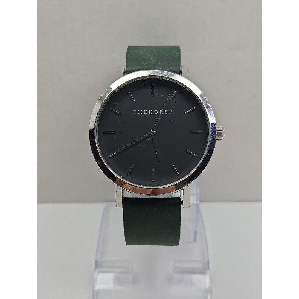 Mens The Horse Original Silver 42mm Watch Minimal Olive Leather New Battery
